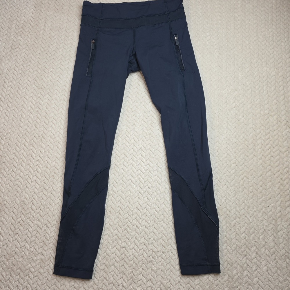 Lululemon Navy Blue Mesh Panel Running Leggings with Zipper Pockets Size 4